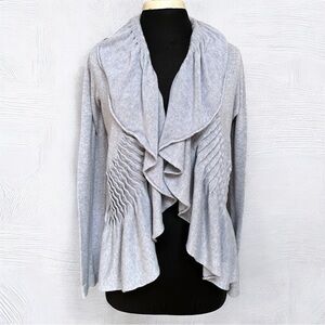LUCY Open Front Ribbed Waterfall Draped Ruffled Grey Cardigan Sweater Size Med